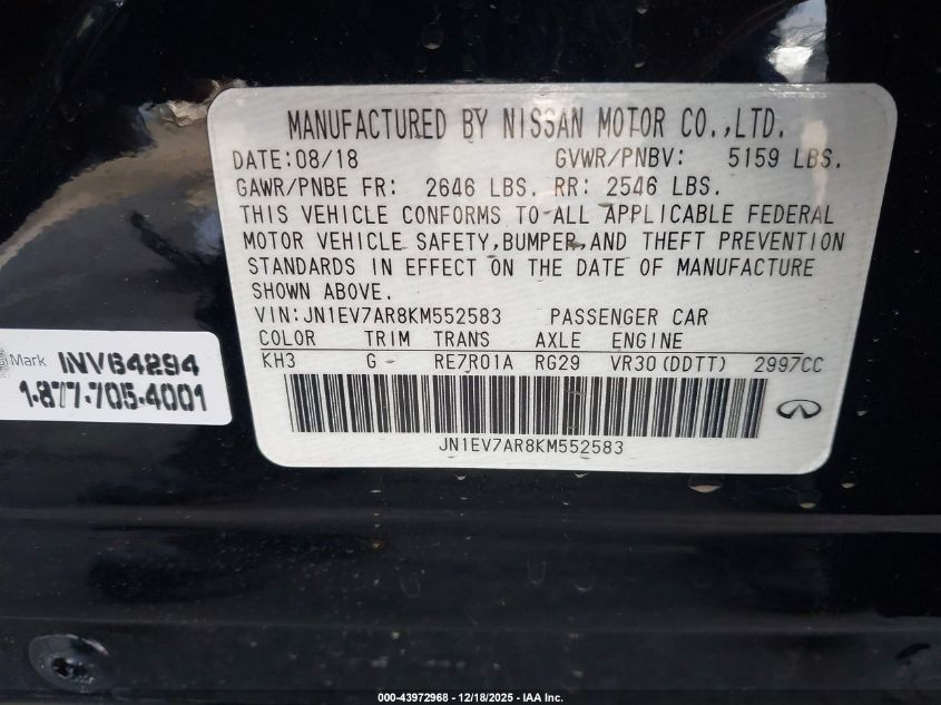 2019 Infiniti Q50 3.0T Luxe VIN: JN1EV7AR8KM552583 Lot: 43972968