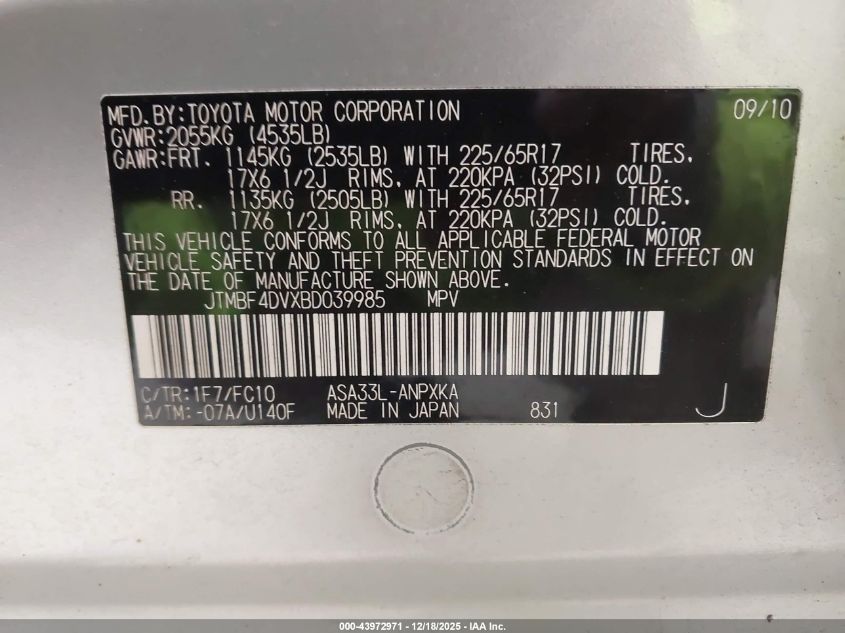 2011 Toyota Rav4 VIN: JTMBF4DVXBD039985 Lot: 43972971