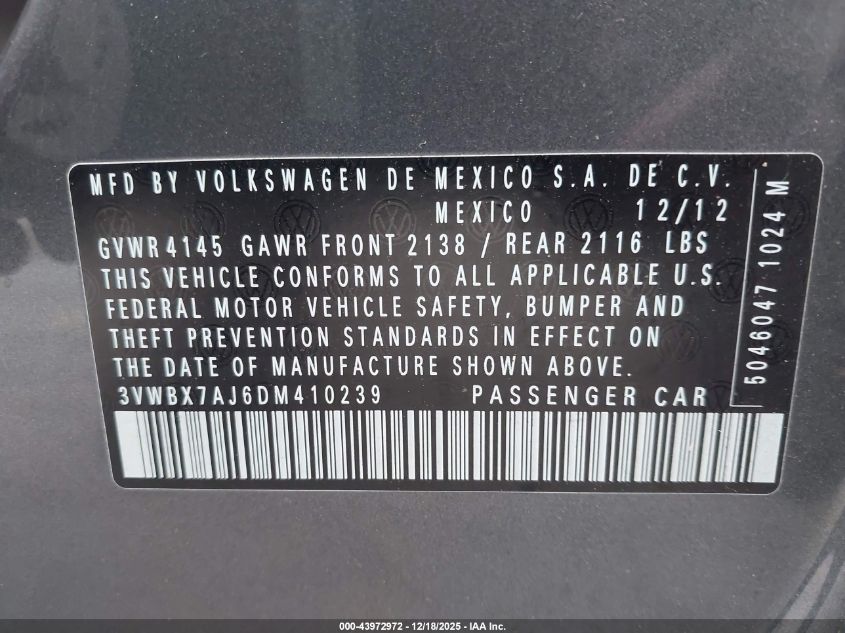 2013 Volkswagen Jetta 2.5L Se VIN: 3VWBX7AJ6DM410239 Lot: 43972972