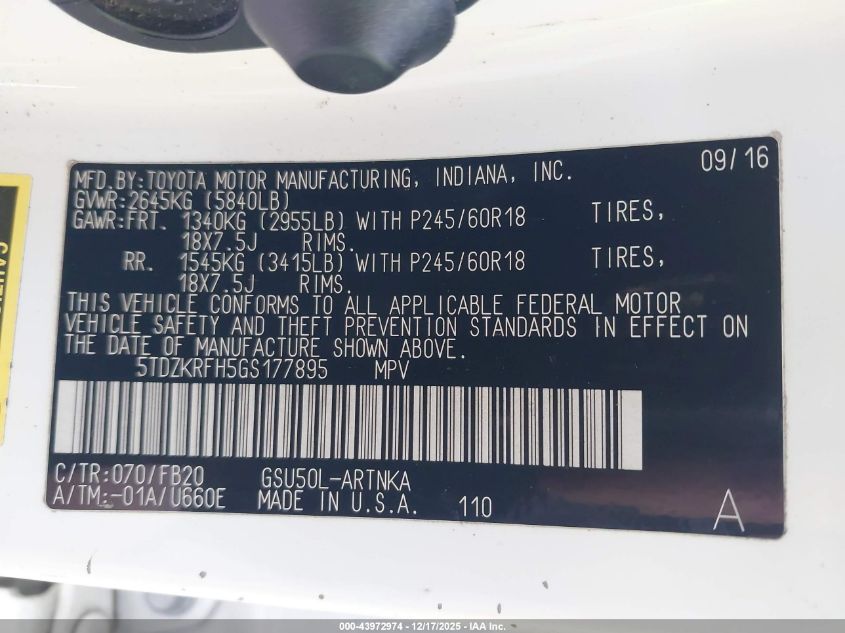 2016 Toyota Highlander Le V6 VIN: 5TDZKRFH5GS177895 Lot: 43972974