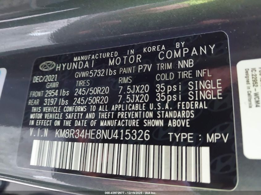 2022 Hyundai Palisade Sel VIN: KM8R34HE8NU415326 Lot: 43972977