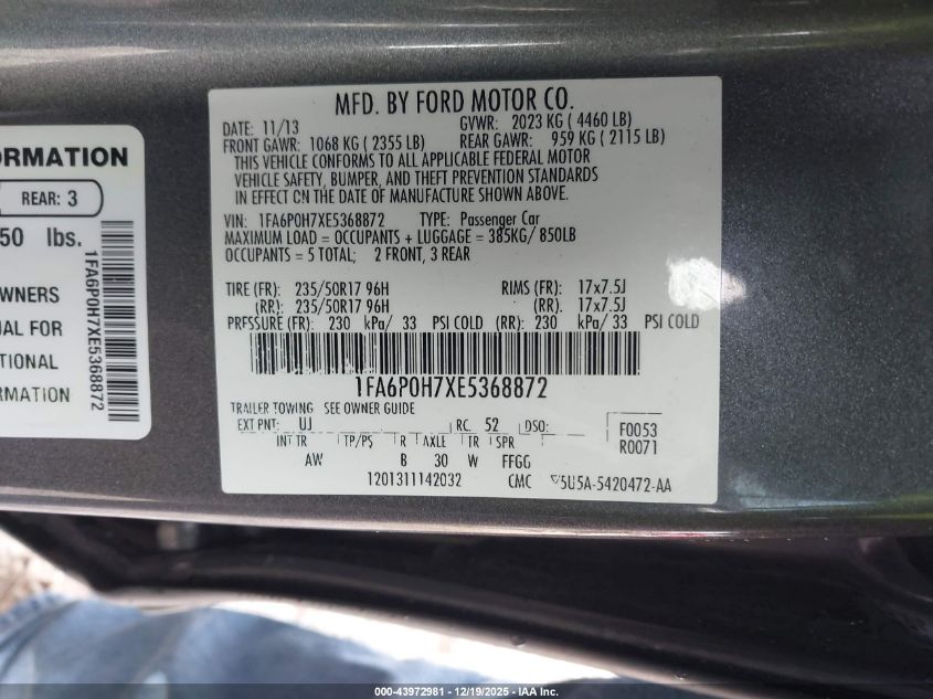 2014 Ford Fusion Se VIN: 1FA6P0H7XE5368872 Lot: 43972981