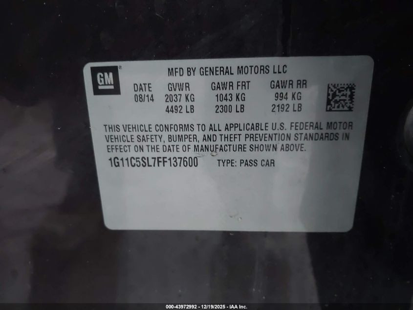 2015 Chevrolet Malibu 1Lt VIN: 1G11C5SL7FF137600 Lot: 43972992