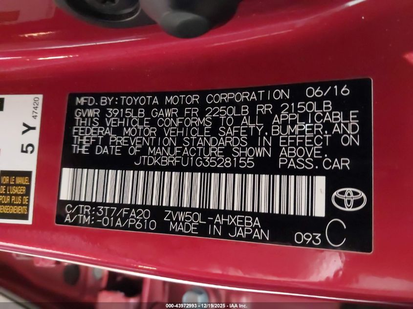 2016 Toyota Prius Two VIN: JTDKBRFU1G3528155 Lot: 43972993