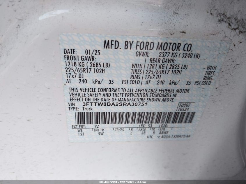 2025 Ford Maverick Xl VIN: 3FTTW8BA2SRA30751 Lot: 43972994