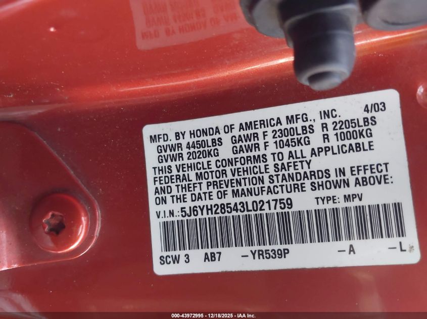 2003 Honda Element Ex VIN: 5J6YH28543L021759 Lot: 43972995