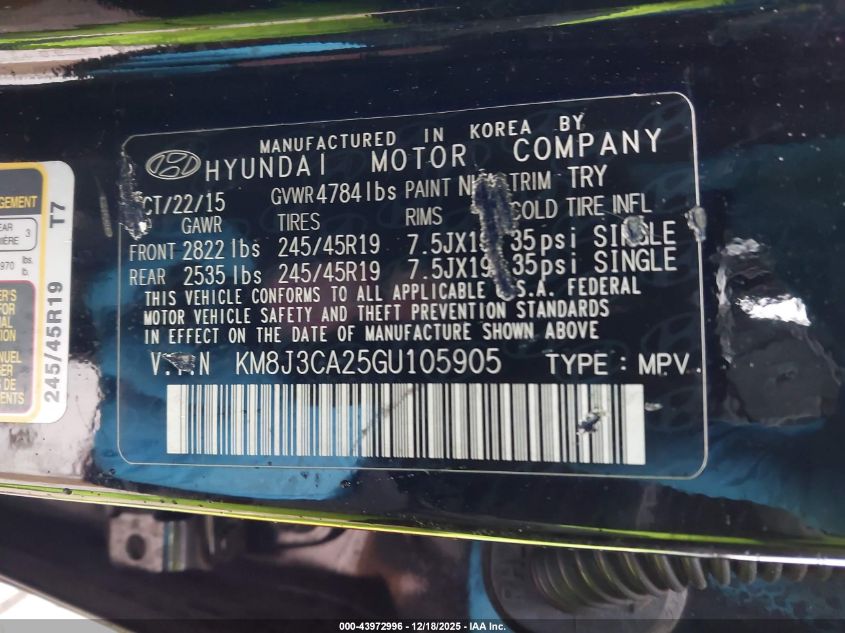 2016 Hyundai Tucson Limited VIN: KM8J3CA25GU105905 Lot: 43972996