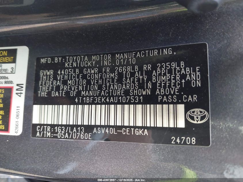 2010 Toyota Camry Xle VIN: 4T1BF3EK4AU107531 Lot: 43972997