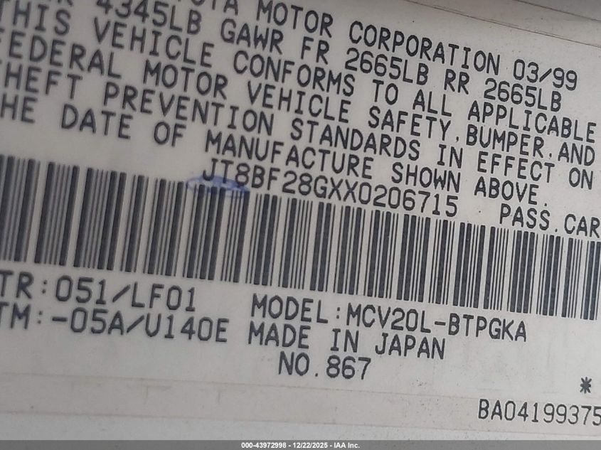 1999 Lexus Es 300 VIN: JT8BF28GXX0206715 Lot: 43972998