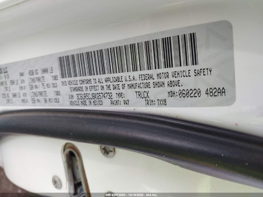 2019 Ram 2500 Tradesman 4X4 6'4 Box VIN: 3C6UR5CJ6KG574732 Lot: 43973000