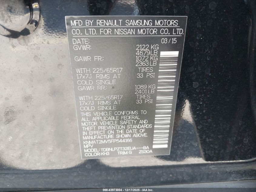 2015 Nissan Rogue S VIN: KNMAT2MV5FP544166 Lot: 43973004