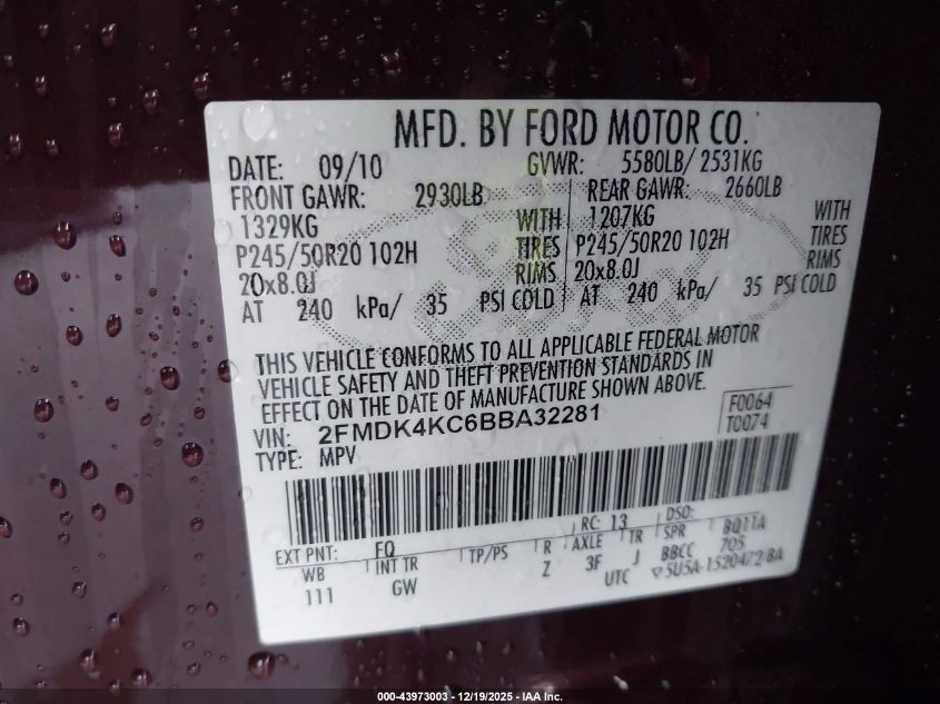 2011 Ford Edge Limited VIN: 2FMDK4KC6BBA32281 Lot: 43973003