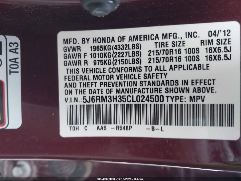 2012 Honda Cr-V Lx VIN: 5J6RM3H35CL024500 Lot: 43973008