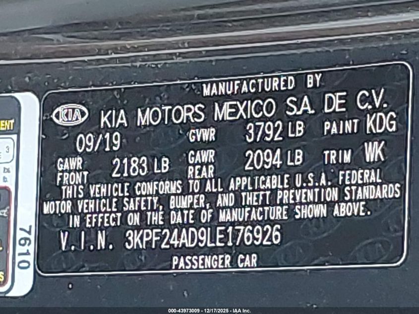 2020 Kia Forte Lxs VIN: 3KPF24AD9LE176926 Lot: 43973009