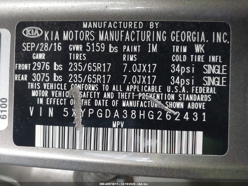 2017 Kia Sorento 2.4L Lx VIN: 5XYPGDA38HG262431 Lot: 43973011