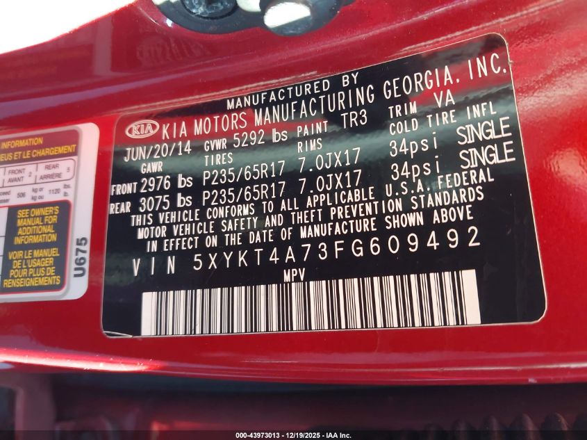 2015 Kia Sorento Lx V6 VIN: 5XYKT4A73FG609492 Lot: 43973013