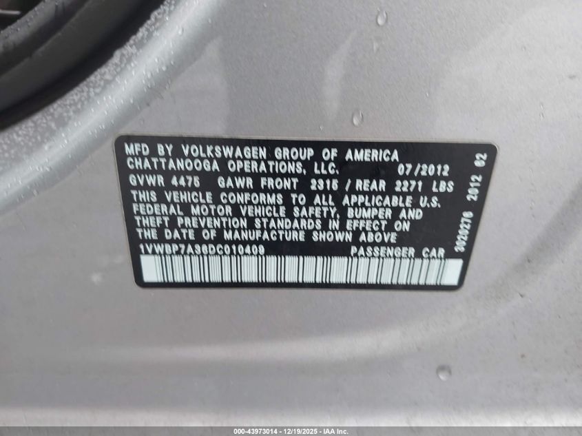 2013 Volkswagen Passat 2.5L Se VIN: 1VWBP7A36DC010409 Lot: 43973014