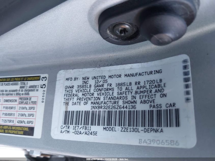 2006 Toyota Corolla Le VIN: 1NXBR32E26Z644136 Lot: 43973015