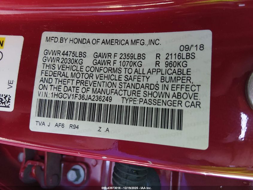 2018 Honda Accord Sport VIN: 1HGCV1F36JA236249 Lot: 43973016