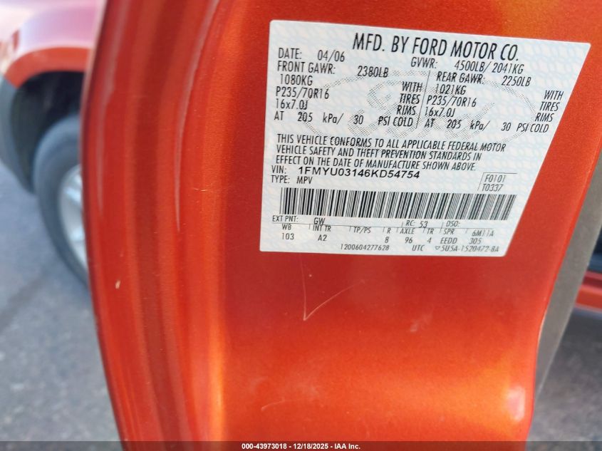 2006 Ford Escape Xlt/Xlt Sport VIN: 1FMYU03146KD54754 Lot: 43973018