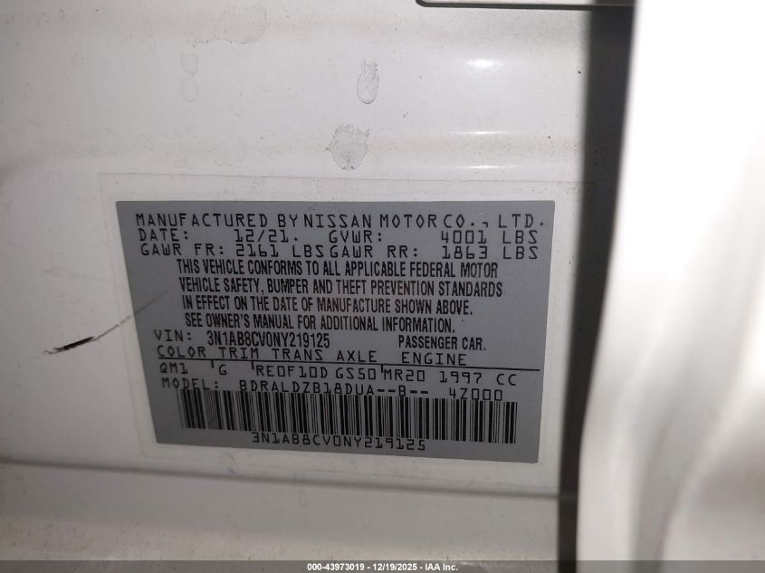 2022 Nissan Sentra Sv Xtronic Cvt VIN: 3N1AB8CV0NY219125 Lot: 43973019