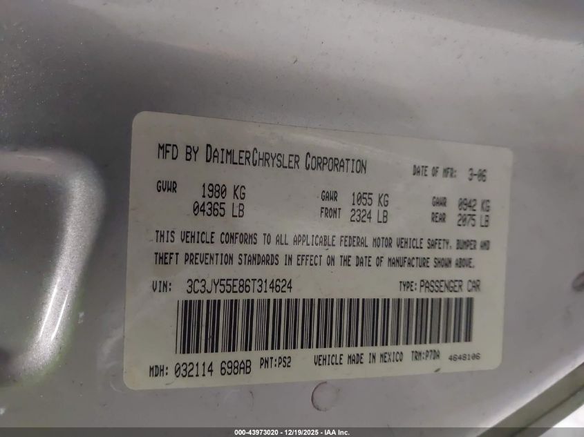 2006 Chrysler Pt Cruiser Touring VIN: 3C3JY55E86T314624 Lot: 43973020