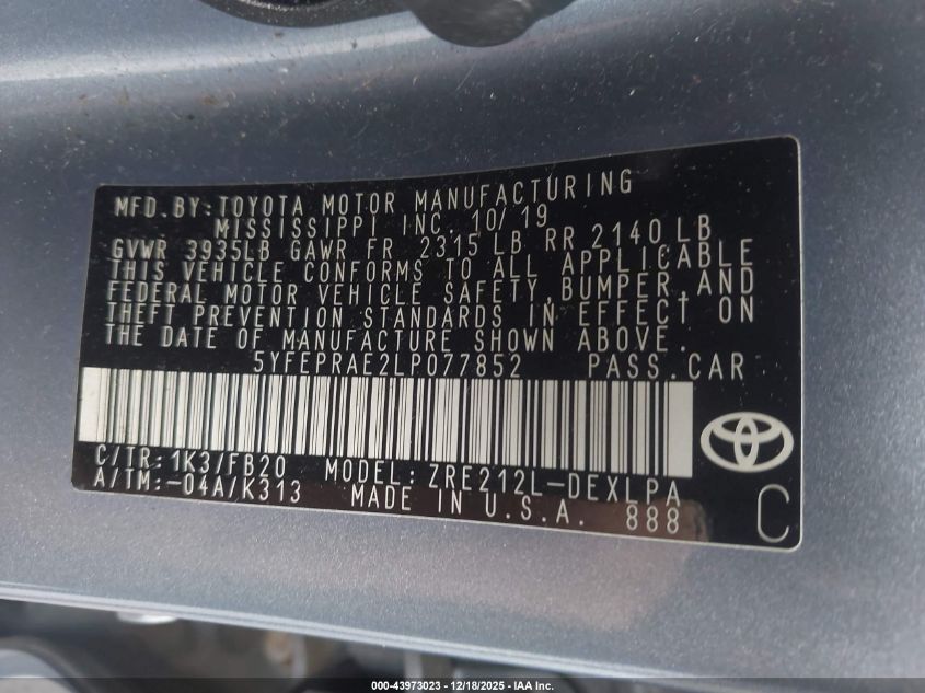 2020 Toyota Corolla Le VIN: 5YFEPRAE2LP077852 Lot: 43973023