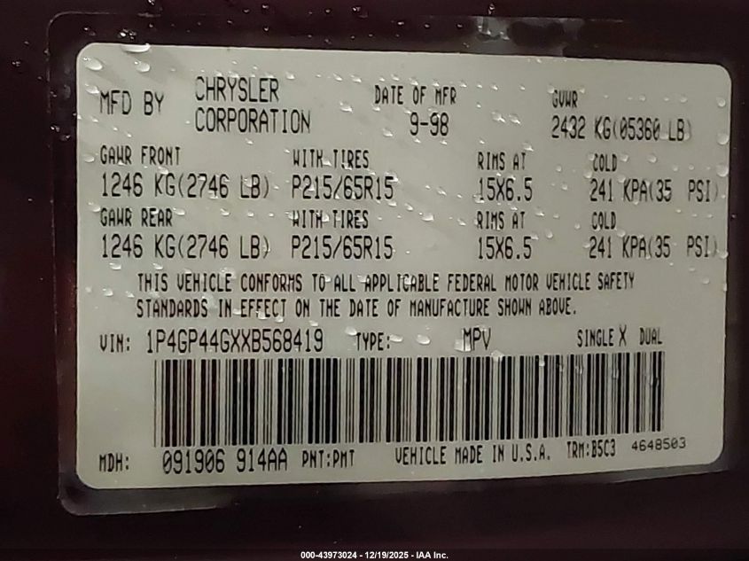 1999 Plymouth Grand Voyager Se VIN: 1P4GP44GXXB568419 Lot: 43973024