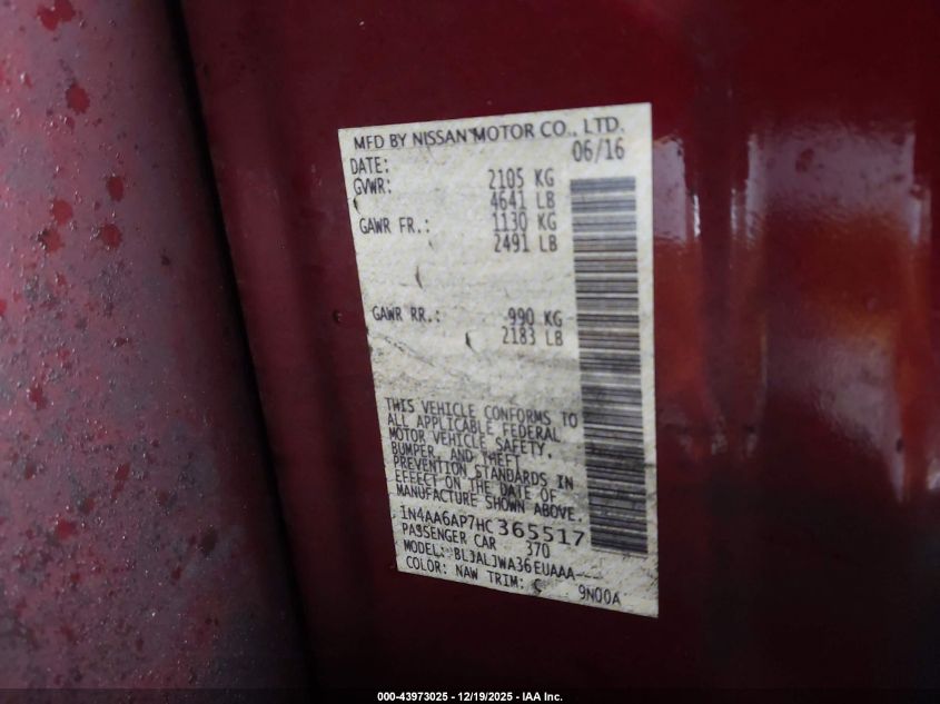 2017 Nissan Maxima 3.5 Platinum/3.5 S/3.5 Sl/3.5 Sr/3.5 Sv VIN: 1N4AA6AP7HC365517 Lot: 43973025