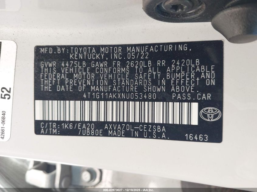 2022 Toyota Camry Se VIN: 4T1G11AKXNU053480 Lot: 43973027