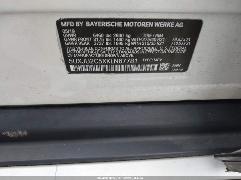 2019 BMW X5 xDrive50I VIN: 5UXJU2C5XKLN67781 Lot: 43973035