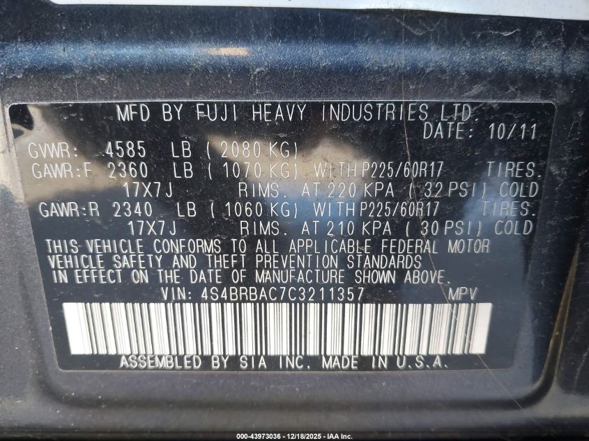 2012 Subaru Outback 2.5I VIN: 4S4BRBAC7C3211357 Lot: 43973036