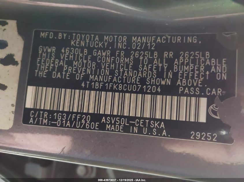 2012 Toyota Camry Se VIN: 4T1BF1FK8CU071204 Lot: 43973037