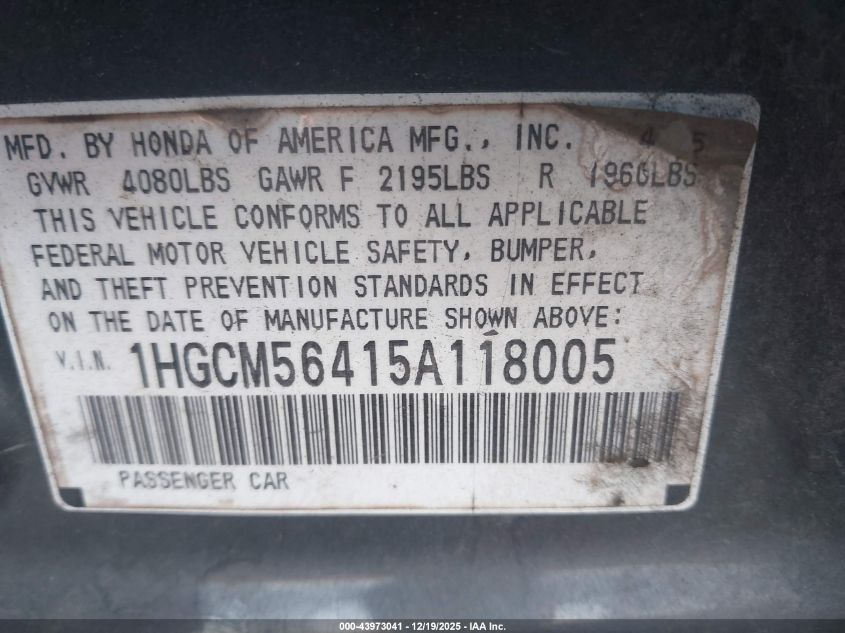 2005 Honda Accord 2.4 Lx VIN: 1HGCM56415A118005 Lot: 43973041