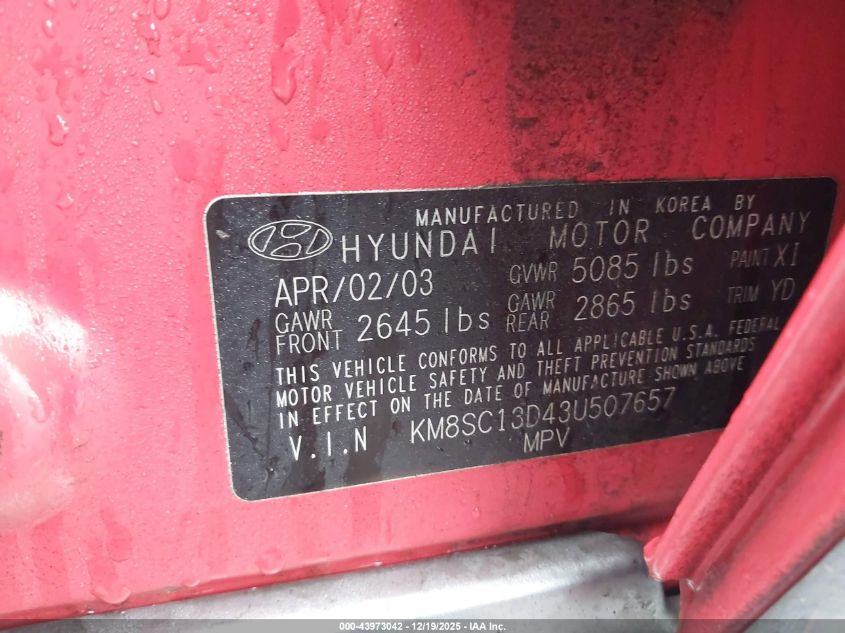 2003 Hyundai Santa Fe Gls/Lx VIN: KM8SC13D43U507657 Lot: 43973042