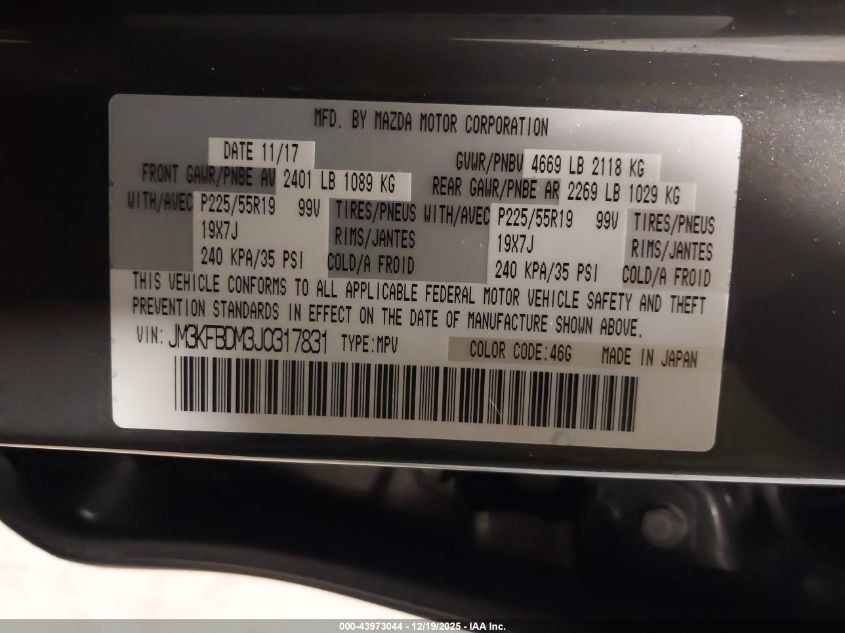 2018 Mazda Cx-5 Grand Touring VIN: JM3KFBDM3J0317831 Lot: 43973044