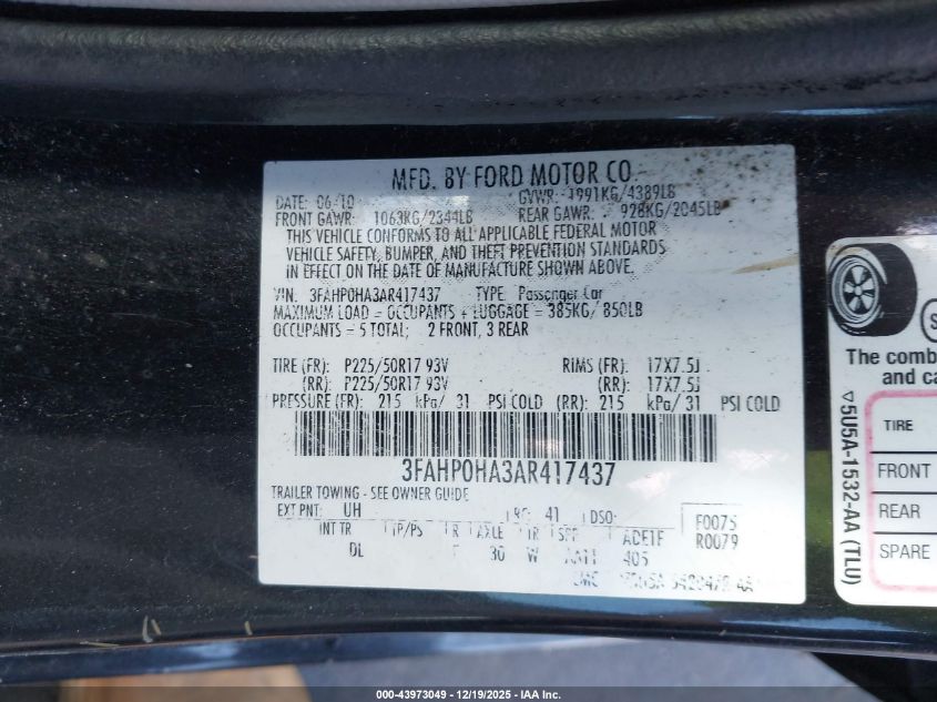 2010 Ford Fusion Se VIN: 3FAHP0HA3AR417437 Lot: 43973049