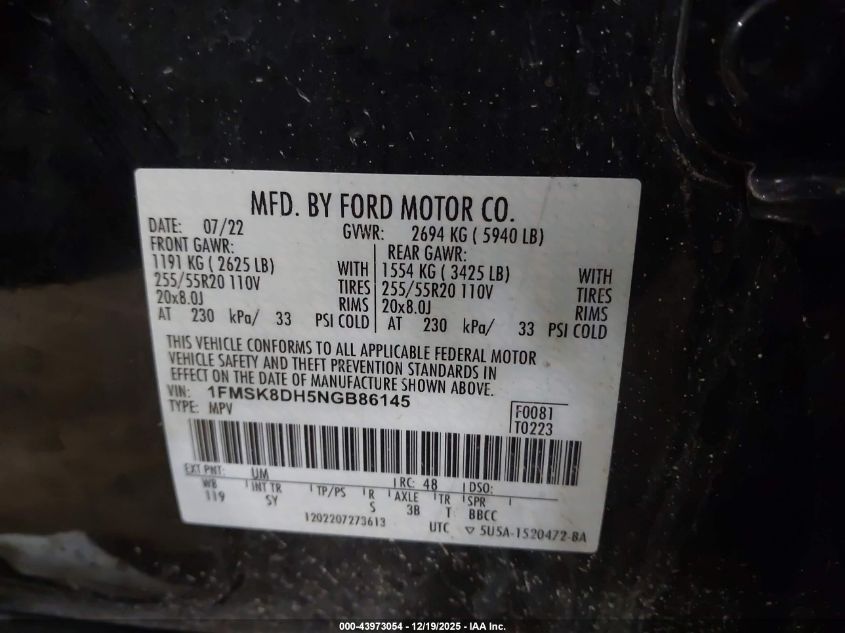 2022 Ford Explorer Xlt VIN: 1FMSK8DH5NGB86145 Lot: 43973054