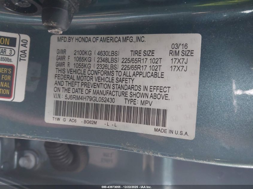 2016 Honda Cr-V Ex-L VIN: 5J6RM4H79GL052430 Lot: 43973055