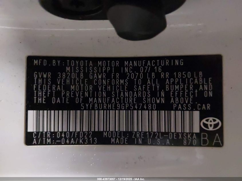 2016 Toyota Corolla S Plus VIN: 5YFBURHE9GP547480 Lot: 43973057