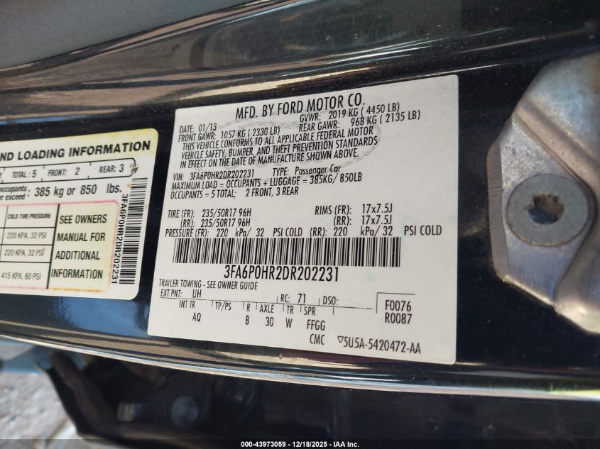 2013 Ford Fusion Se VIN: 3FA6P0HR2DR202231 Lot: 43973059