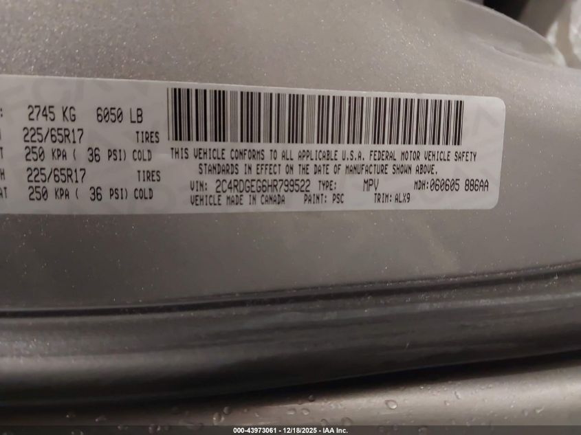 2017 Dodge Grand Caravan Gt VIN: 2C4RDGEG6HR799522 Lot: 43973061