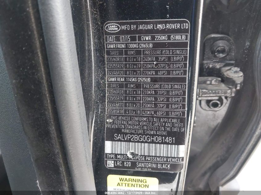 2016 Land Rover Range Rover Evoque Se/Se Premium VIN: SALVP2BG0GH081481 Lot: 43973062