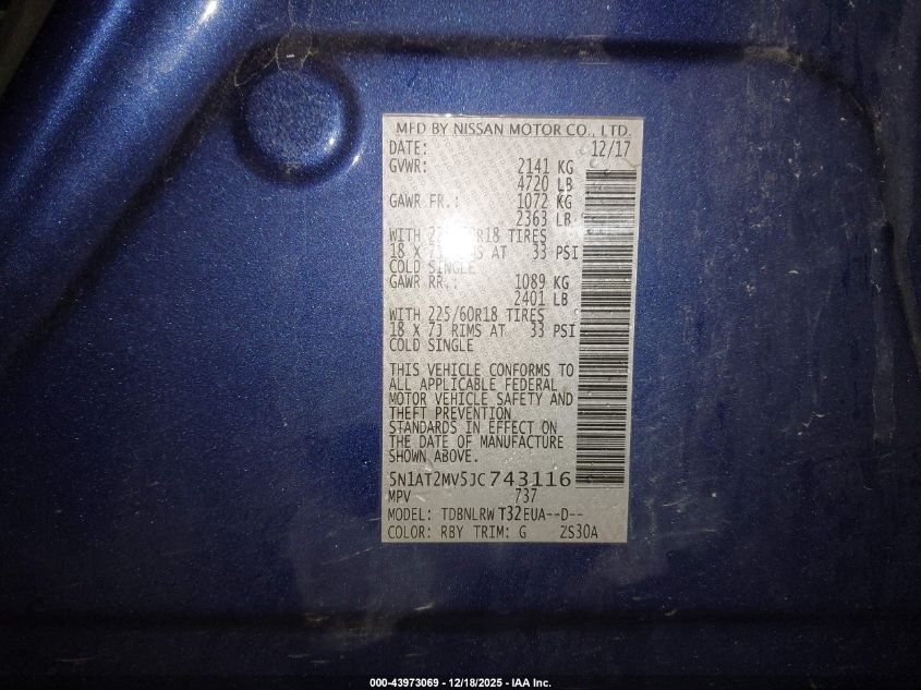 2018 Nissan Rogue Sl VIN: 5N1AT2MV5JC743116 Lot: 43973069