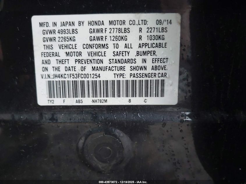 2015 Acura Rlx VIN: JH4KC1F53FC001254 Lot: 43973072