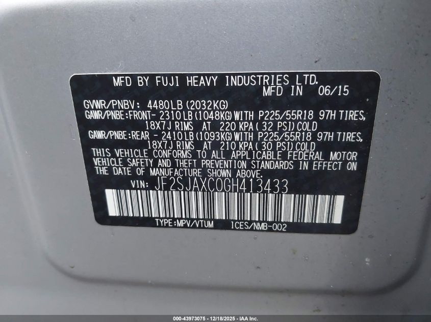 2016 Subaru Forester 2.5I Touring VIN: JF2SJAXC0GH413433 Lot: 43973075