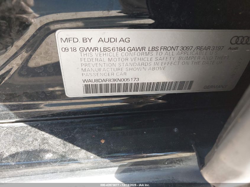2019 Audi A8 L 55 VIN: WAU8DAF83KN005173 Lot: 43973077