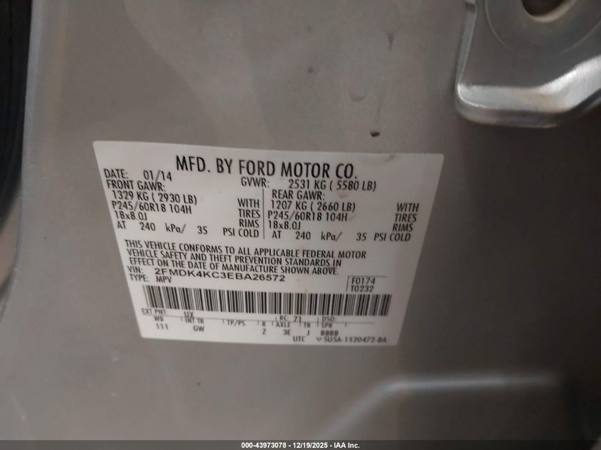 2014 Ford Edge Limited VIN: 2FMDK4KC3EBA26572 Lot: 43973078