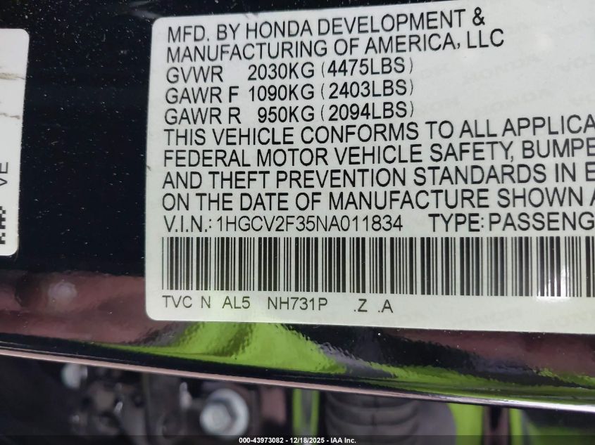 2022 Honda Accord Sport 2.0T VIN: 1HGCV2F35NA011834 Lot: 43973082