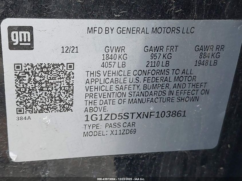 2022 Chevrolet Malibu Fwd Lt VIN: 1G1ZD5STXNF103861 Lot: 43973084